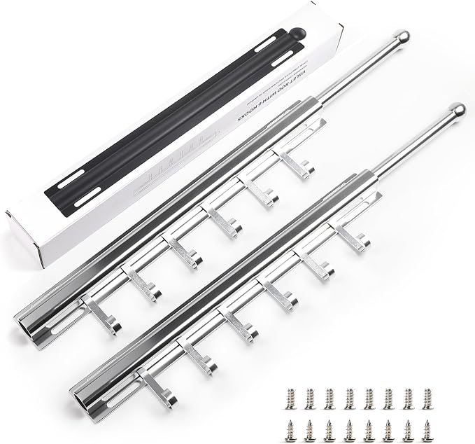 BaiNong 16.5" Valet Rod for Closet Pull Out With 6 Hooks Valet Rods for Closets (2Pack Silver) Closet Valet Rod Slide Out