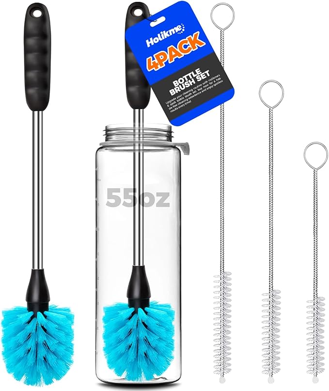 Holikme Bottle Brush Cleaner Set, 14" Long Handle Stainless Steel Bottle Cleaner Brush, 3 Straw Cleaner Brush, Bottle Cleaning Brush for Water Bottle, Cups, Abrasive Flat End Brushes, Straws Blue