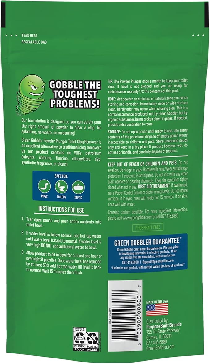 Green Gobbler POWDER PLUNGER Toilet Bowl Clog Remover - 2 Pack Net WT 16.5 oz