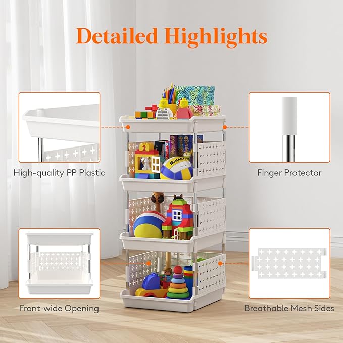 Lifewit Plastic Stackable Storage Baskets, 4 Tier Stacking Bins for Food and Clothes, Multifunctional Organizer for RV, Kitchen, Playroom, Pantry and Bathroom, 13.8"D x 11.8"W x 28.3"H, 1 Pack, White