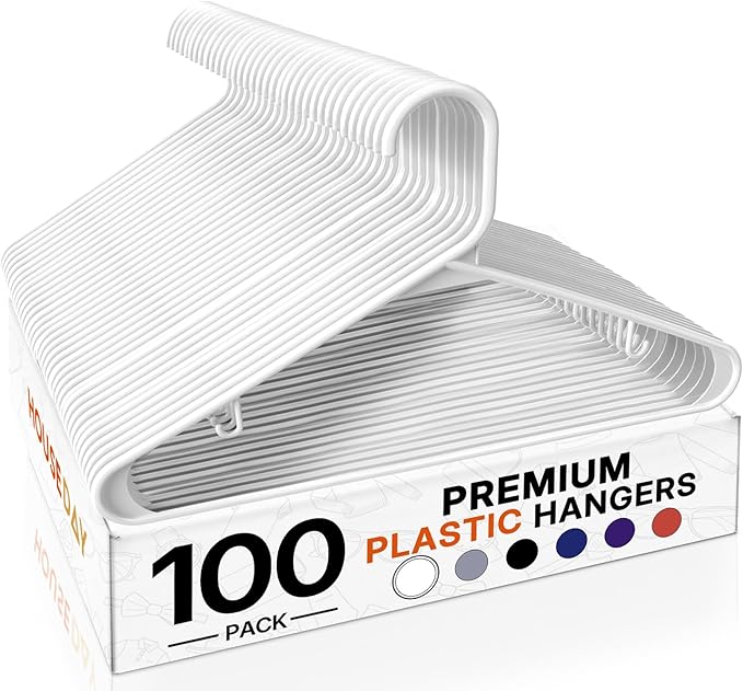 HOUSE DAY White Plastic Hangers 100 Pack, Plastic Clothes Hangers with Built-in Hooks, Durable and Strong Coat Hangers for Closet, Space Saving Clothing Hanger for Shirts, Coats, Skirt, Dress