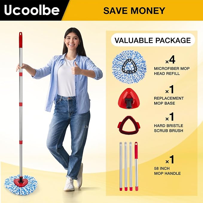 Spin Mop Replacement Head for O Cedar 2 Tank RinseClean, 4 Microfiber mop Refill, 1 Scrub Brush, 1 Mop Stick, 1 Mops Base, Deep Cleaning, 30" to 58" Mop Handle Replacement