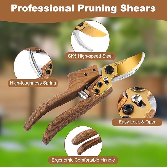 2Pack Garden Pruning Shears Set: Ultra Sharp SK5 Blade Gardening Shears & Precision Garden Scissors,Wood Like&Wide Walnut Ergonomic Handle,Perfect for Plant,Bonsai,Shrub,floral,Branch Trimming