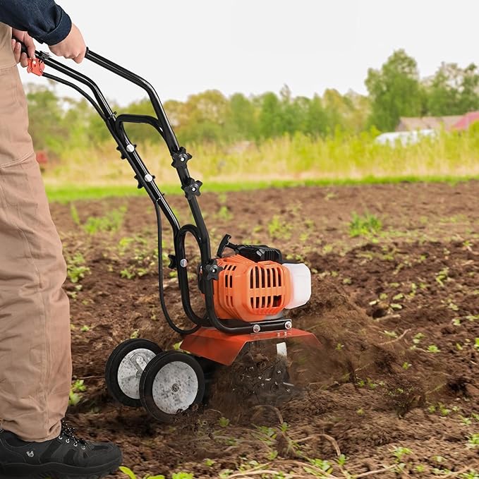 VEVOR Tiller Cultivator Gas Powered, 43CC 2-Stroke Garden Cultivator, Tiller with 4 Steel Adjustable Front Tines for Lawn, Garden and Field Soil Cultivation