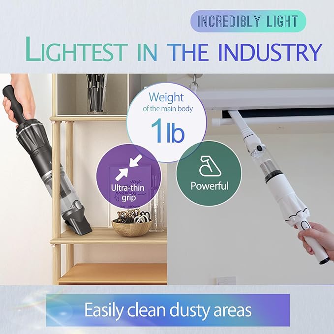 Handheld Vacuum Cordless 25000PA, Super Lightweight 1lb with Powerful Suction, Charging Dock, Car Charger, Single Touch Empty and Detachable Dust Cup, Portable Mini Car Vac, White