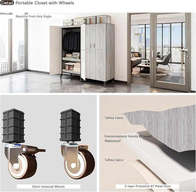 Foldable Portable Armoire Wardrobe Closet for Hanging Clothes Rack, Heavy Duty Covered Clothes Rack with Cover(HARDBOARD Magnetic), Closet Garment Rack for Bedroom Storage (KT Woodgrain Gray, 59.05in)