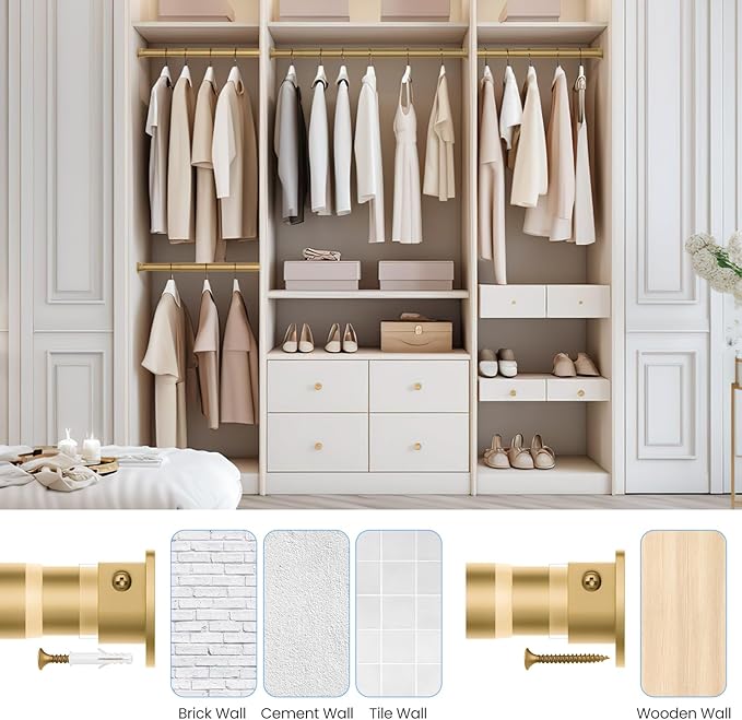 Closet Rods for Hanging Clothes, 17 to 69 Inch Heavy Duty Stepless Adjustable Closet Hanging Rod, 1.3 Inch Diameter Metal Closet Rod for Wardrobes Laundry Bedroom RV, Gold