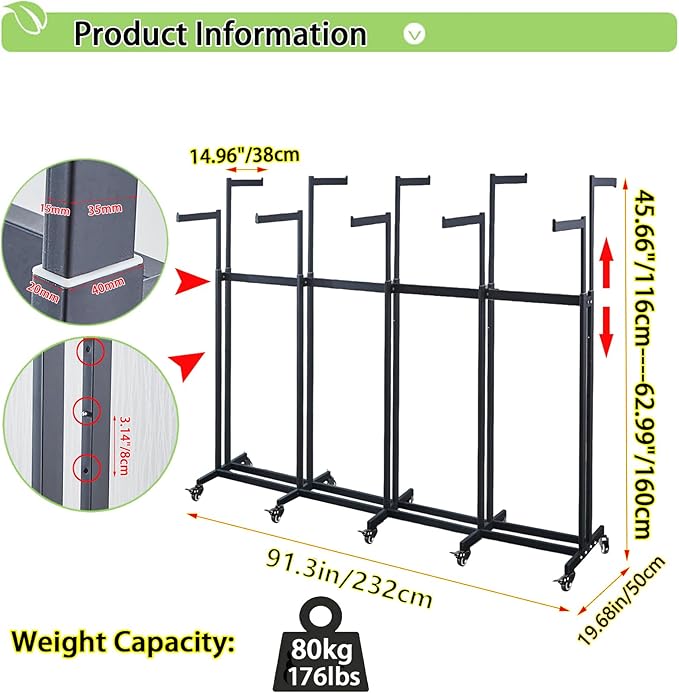 Floor Standing Metal Garment Rack - Heavy Retail Display Racks With Wheels, 10 Arms Clothing Rack, Square Tubing Portable Shirt Rack, Merchandise Display RackFor Hanging Clothes (XL-Black)