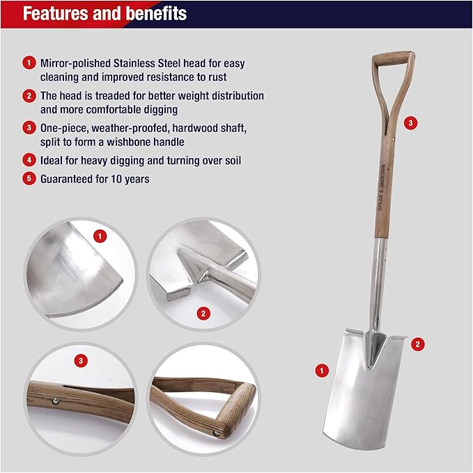 Spear & Jackson Digging Spade, Traditional Stainless Range Garden Tool, Treaded Stainless Steel Head and Ash Wood Handle for Efficient Soil Digging