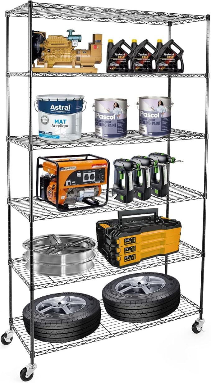 WDT NSF Certified Storage Shelves on Wheels, Heavy Duty Metal Shelves for Storage with Adjustable Stand, 6-Tier Wire Shelving Unit for Garage Pantry Kitchen Shelf Rack(17" W*47" D*80" H), Black