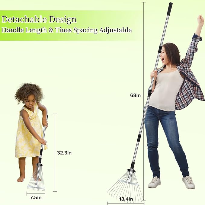 68" Heavy Duty Rake, Metal Leaf Rake with Detachable Handle, Garden Rakes for Leaves with Expandable Tines,Leaf Collector, Rakes for Lawns Heavy Duty Leaves, Debris