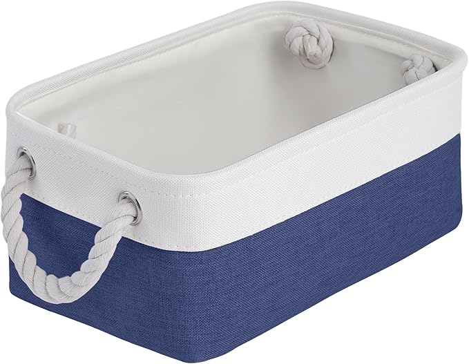 Storage Baskets for Shelves 11.8x7.9x5.2 Inch-Foldable Fabric Organizing Storage Bins with Handles, Closet & Bathroom Organizer, Home Storage for Kitchen, Office (1-Pack, White&Blue)