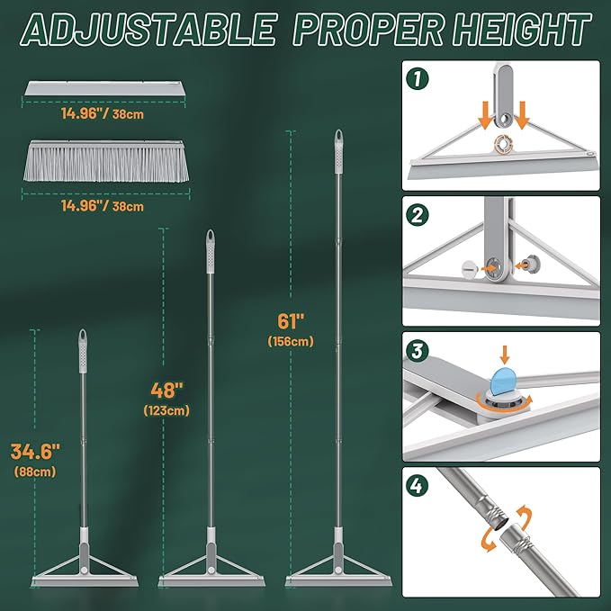 KOLLIEE 2 in 1 Floor Squeegee Broom Set Window Long Handle Rubber Squeegee Brush Mop Kit with Adjustable Handle 120° Rotating Angle Head for Wet Room Hard Floor Outdoor