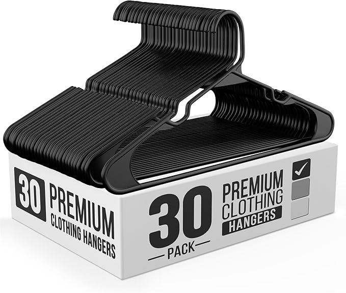 Our Modern Space 30 Pack Adult Plastic Hanger for Shirt Pants Coats Dresses Skirts Suits Jackets - Standard Thick Coat Hanger - Sturdy & Durable Design with Shoulder Grooves Hook - Black