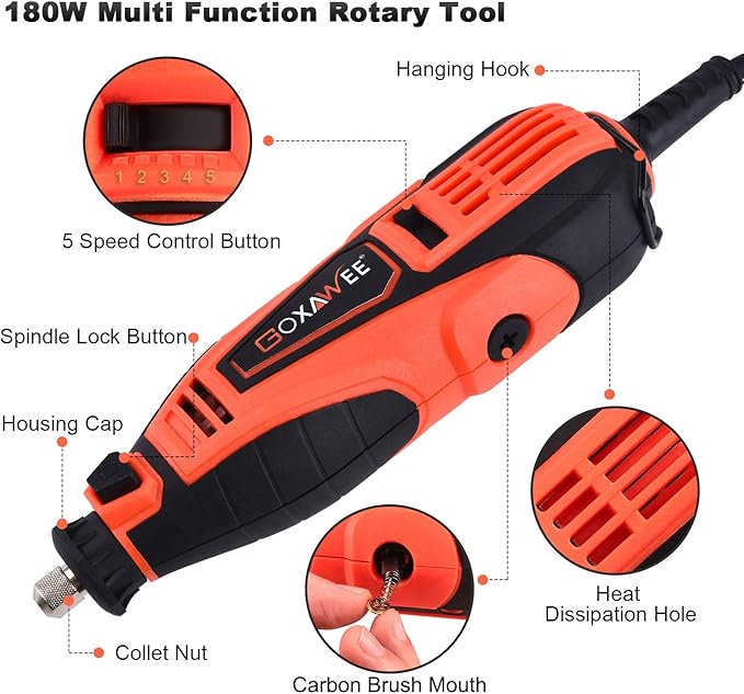 GOXAWEE Rotary Tool Kit with 180 Rotary Tool Accessories & Flex Shaft & Universal Collet, 5 Variable Speed Rotary Multi-Tool, Mini Electric Drill Set for Crafting DIY Project(Orange)