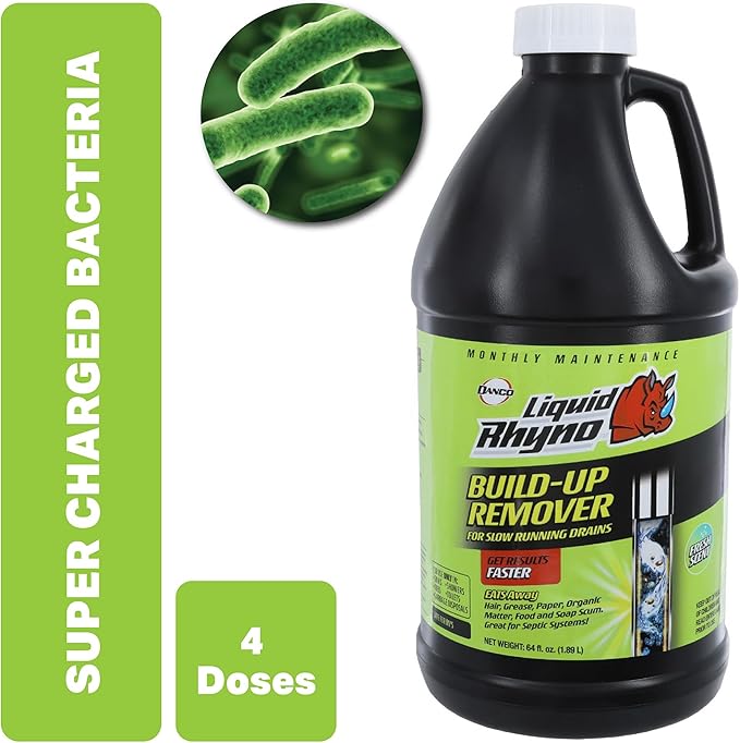 Liquid Rhyno Drain Build-Up Remover, Natural Enzyme Cleaner Treatments with Fresh Scent for Sink, Bathtub, Toilet & RV Drain Odor Control, 4 Treatments (64 oz)
