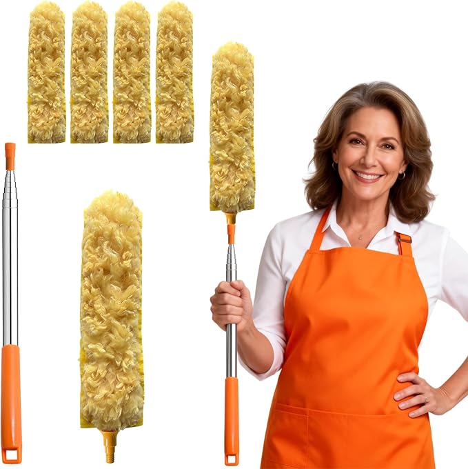 100 Inch Extended Handle Duster Heavy Duty Dusting 360° Duster Refills Kit, Microfibers Multi-Surface Dusters. Efficient Duster Kit for Cleaning Pet Hair, Home, Office, Blinds, Furniture (Orange)