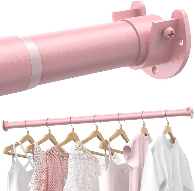 Supforce Closet Rods for Hanging Clothes, 17 to 69 Inches Stepless Adjustable Metal Closet Rod, 1.3 Inches Heavy Duty Clothes Hanging Rod for Closet Wardrobes Laundry RV, Pink