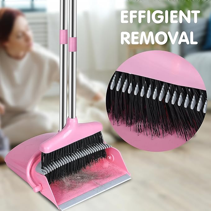 Broom and Dustpan Set, Broom with Dustpan Combo Set for Home Office Kitchen(Pink)