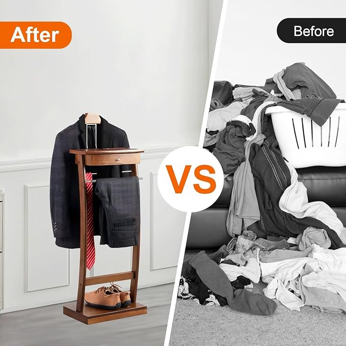 Wooden Suit Valet Stand for Men, Clothes Valet with Drawer, Shoe Rack, Tie Rack and Trouser Bar, Freestanding Clothes Organizer for Bedroom Entryway