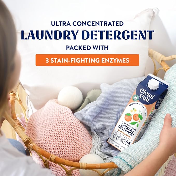 Cleancult Ultra Concentrated Liquid Laundry Detergent, 192 loads (96 oz), Long Lasting Scent, 90% Less Plastic, No Harsh Chemicals, Orange Blossom, Defeats Stains & Odors, HE/Standard Compatible