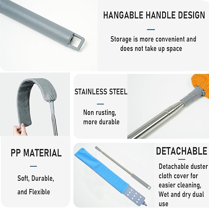 100 inches Retractable Gap Dust Cleaner Cleaning Tools with 4 Microfiber Dusting Cloths Long Handle, Washable and Retractable Duster Brush for Cleaning Under Appliances Furniture Couch Fridge