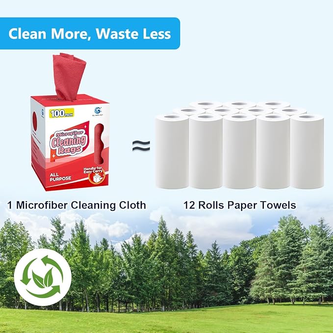 GLIMGLINT Red Microfiber Cleaning Cloth, 100 Pack Cleaning Rags, Lint-Free, Ultra Absorbent Reusable Paper Towels for Home, Kitchen, Car, Garage or Shop, Dish Rags, 11" x 9"