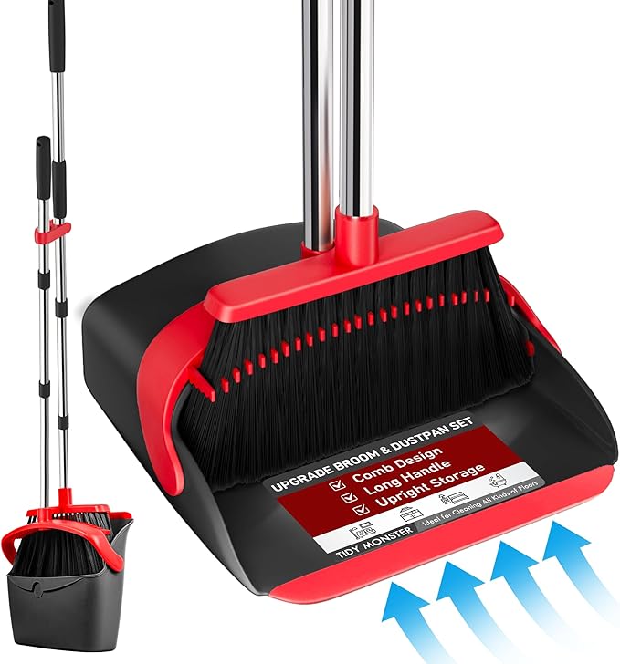 Broom with Dustpan Combo Set, Dust Pans with Long Handle for Upright Sweeping, Standing Broom and Dustpan Set with Self-Cleaning Teeth for Home, Kitchen & Office Floors(Red & Black)