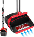 Broom with Dustpan Combo Set, Dust Pans with Long Handle for Upright Sweeping, Standing Broom and Dustpan Set with Self-Cleaning Teeth for Home, Kitchen & Office Floors(Red & Black)