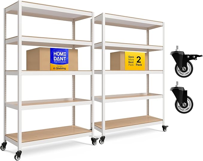 HOMEDANT House 48.1" 5-Tier Metal Rolling Cart Shelf Rack Casters Heavy Duty Laminated Wheel Shelving Unit Adjustable Utility Storage Shelves Shelf Kitchen Garage White 2Pack
