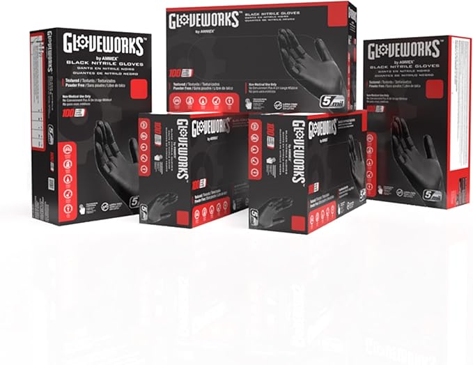 GLOVEWORKS Black Nitrile Gloves 5 Mil Disposable, Latex Free, Textured Grip for Food Service, Cooking, Professional Cleaning