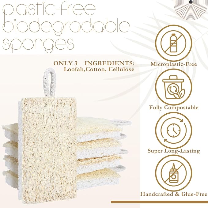 Sliner 12 Packs Natural Kitchen Sponges Compostable Dish Sponges Loofahs Cellulose Scrubbers for Dishes, Biodegradable Non Scratch Cleaning Power for Kitchen Bathroom Household