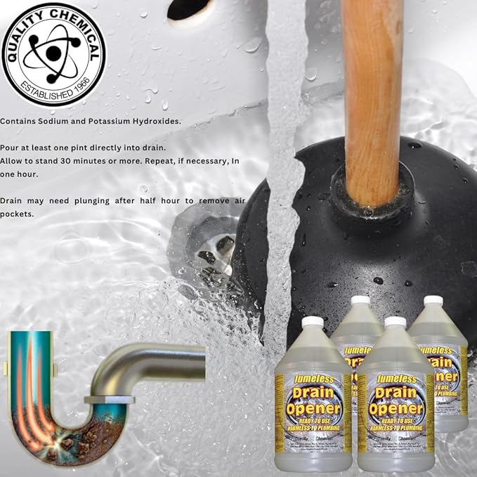 Quality Chemical Fumeless Drain Opener - Fast Acting Clog Remover and Declogger - Professional Strength - for Bathtub, Kitchen Sink, Drano, Hair Clog Remover - Drain Cleaner 128 oz (Pack of 4)