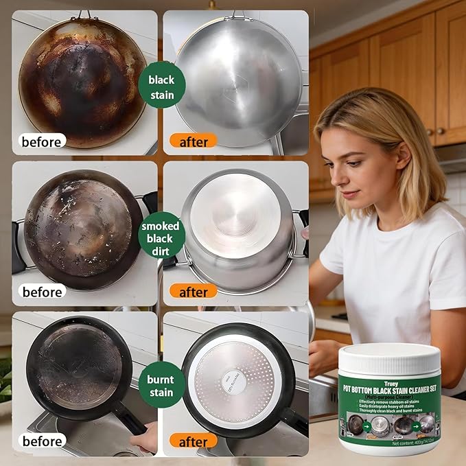 Truey Pot Bottom Black Stain Cleaner Set, Stainless Steel Cleaning & Polishing,Powerful Kitchenware Cleaner, Cooktop Pot Cleaner Effortless for Burned Cookware,Multi-purpose Oil Stain Remover (400g)