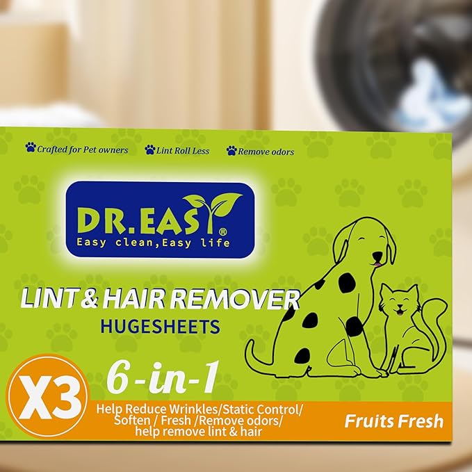 Dr.Easy LINT & HAIR REMOVER Pet HUGESHEETS with 3X ODOR REMOVE Dryer Sheets, Fruits Fresh, 200 Count,PLANT&MINERAL-BASED FORMULA