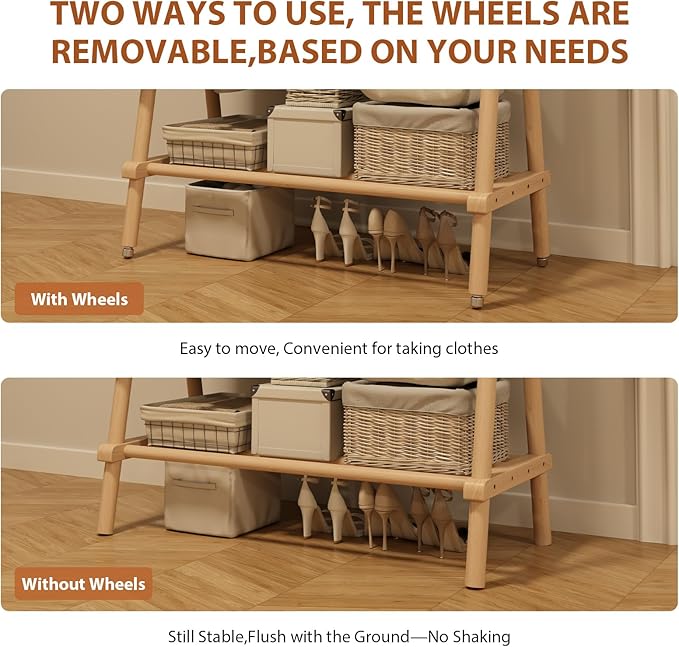 Muwuele Solid Wood Clothing Rack, Rolling Clothes Rack for Hanging Clothes, Garment Rack with Shelves Load 350 Lbs, Portable Closet Organizer on Wheels for Hanging Clothes (Natural)