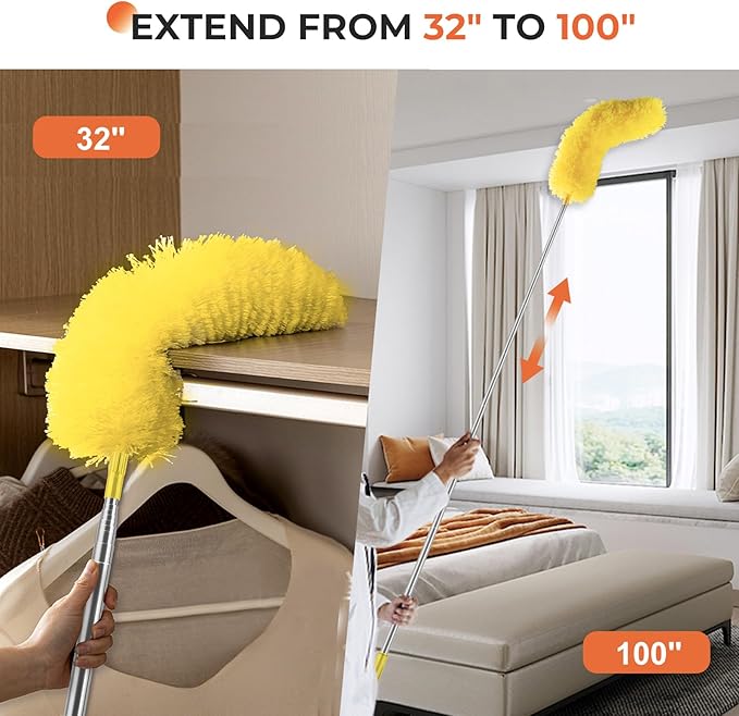 Dusters for Cleaning High Ceiling Fan, Newliton Microfiber Feather Duster with 30'' to 100'' Telescoping Extension Pole, Long Extendable Duster for Home Car Furniture Cobweb, Yellow