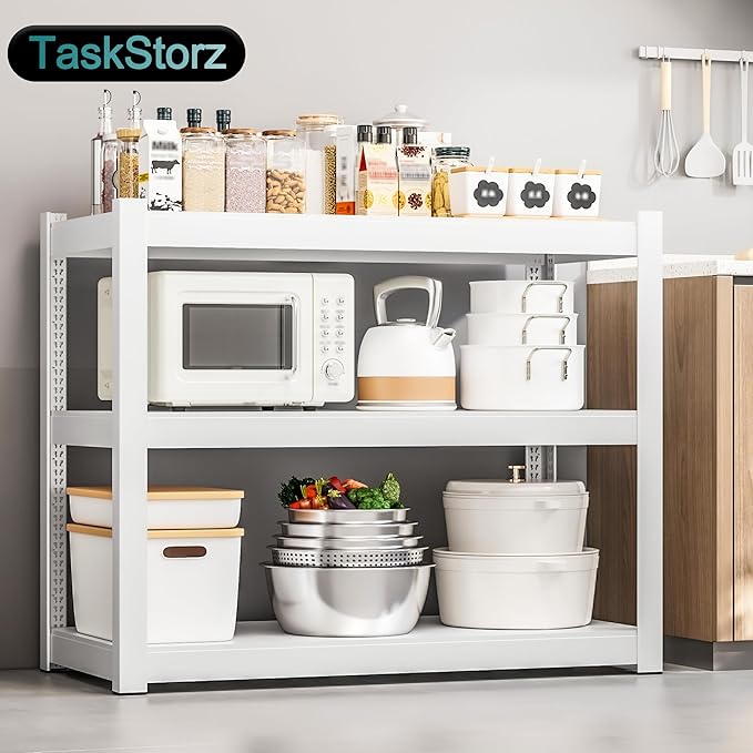 3-Tier Metal Storage Shelving Unit White 16" D x 36" W x 36" H, Adjustable, 1800 lbs Capacity, Heavy Duty, Storage Organizer, for Garage, Home, Bathroom, Laundry, Storage Rack