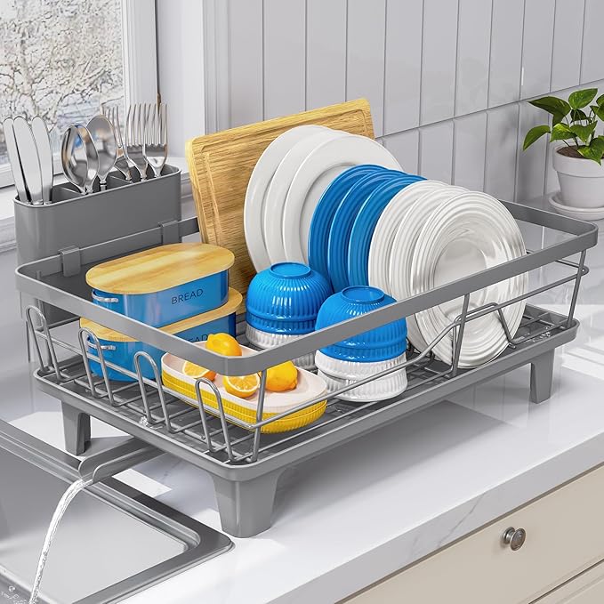 Urackify Dish Drying Rack for Kitchen Counter, Sink Dish Rack with Drainboard, Large Dish Drainer with Cups Holder, Home Countertop Plate Dryer Storage Rack with Cutlery Holder, Gray