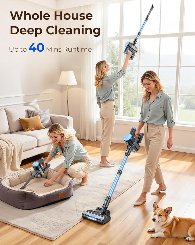 N8 Cordless Vacuum Cleaner,Lightweight Stick Vacuum with Powerful Suction,2200mAh Battery,40 Mins Runtime,Self-Standing,Rechargeable Vacuum Cleaners for Home Hardwood Floor Carpet Pet Hair (Blue)