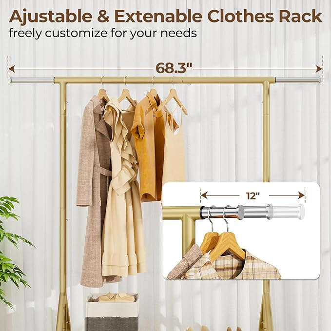 HYSEYY Heavy Duty Clothes Rack Load 450 LBS, Metal Garment Rack, Standing Rolling Clothing Rack for Hanging Clothes with Sturdy Wheels & Shelves, Portable Closet Wardrobe Rack,Gold