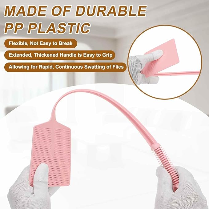 HARFINGTON 6pcs Fly Swatter 4.5"x3.9" Plastic Manual Heavy Duty Long Handle Fly Swatter for Home Indoor Outdoor, Pink