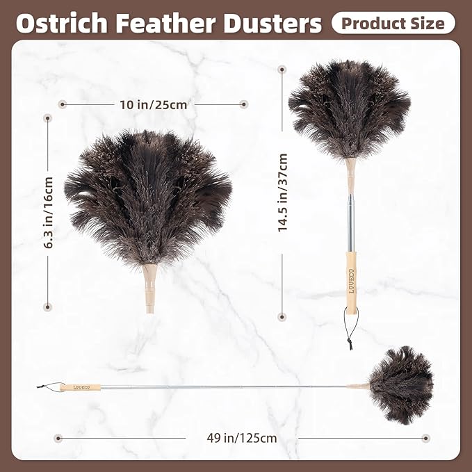 Ostrich Feather Dusters for Cleaning Kit - Reusable Soft Feather Duster Extendable to 49 inches for Cleaning Ceiling Fan, High Ceiling, Blinds & Retractable Small Duster for Keyboard, Car