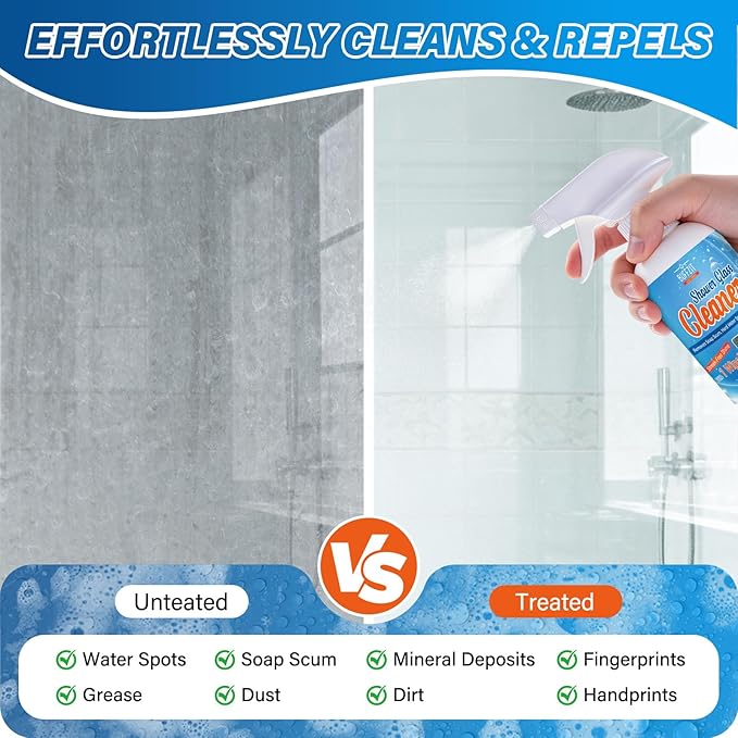 Shower Glass Cleaner, Hard Water Stain & Soap Scum Remover for Glass, Windows and Mirrors, Streak-Free Bathroom Glass Cleaner with Cleaning Towel, 8.45 fl oz / 250ml
