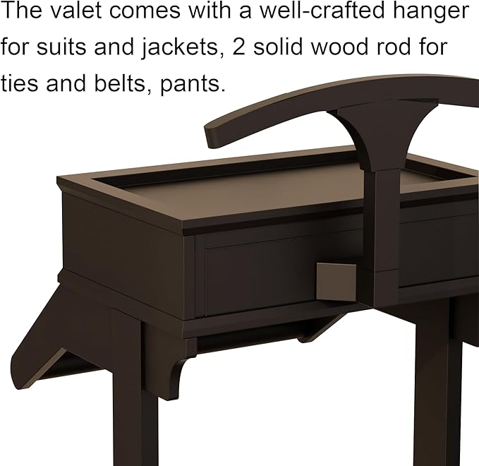 Brefhome Luxury Mens Valet Stand with Storage Drawer & Jewelry Tray, Executive Wooden Clothes Rack for Men Women, Garment Organizer for Suit, Tie, Pant, Watch & Phone, Black (Tray + Drawer)