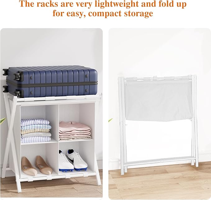 aboxoo 2 Pack Luggage Rack with storage, Guest Room Folding Suitcase Stands, Holds up to 120 lb, Space Saving Suitcase Holders for guest room, Bedroom Hotel, White