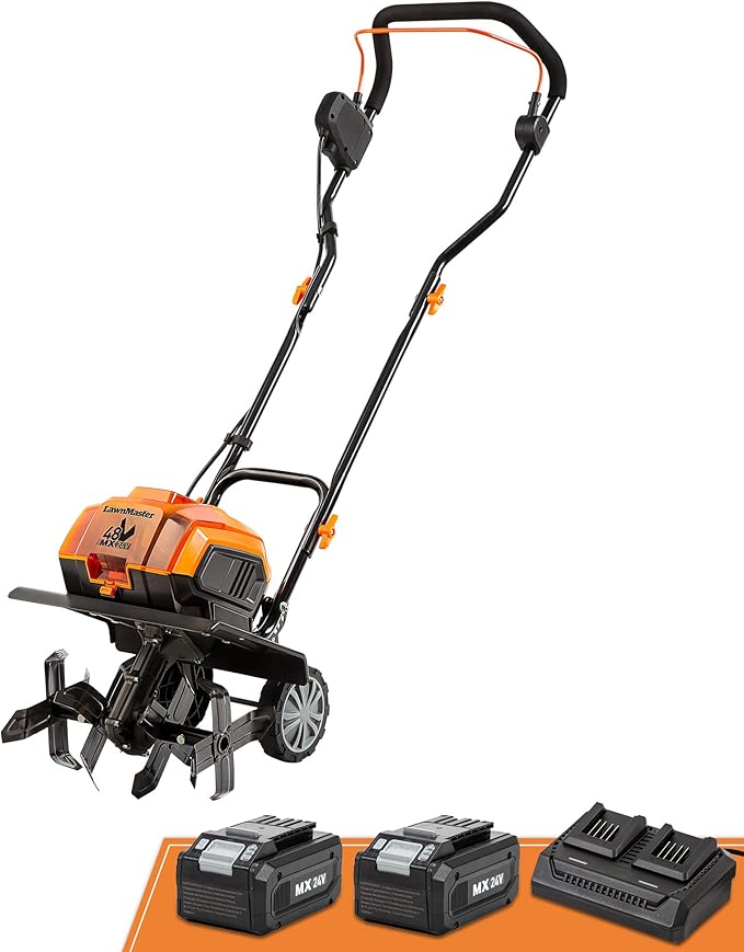 LawnMaster Brushless 48V MAX Cordless Tiller Cultivator with 2X MAX 24V 4.0ah Battery& 1x MX24V Dual Port Charger, 4X Blade, 14.5In Width & 9In Depth-CLTE4814