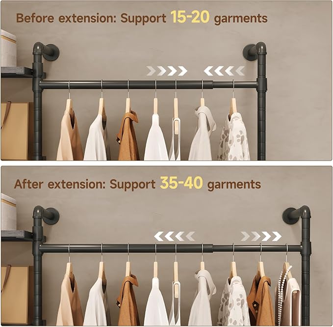 T3 Closet System with Stepless Dimmable LED Light, Industrial Pipe Clothing Rack with 4 Drawers, 6 Wooden Shelves & 4 Telescopic Rods, Heavy Duty Closet Organizers in Wardrobe Closet (Black Gray Oak)