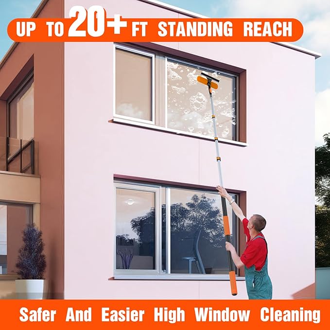 26FT Window Squeegee with Extension Pole, 2-in-1 Squeegee for Window Cleaning, Professional Cleaning Kit for Home with 20FT Telescoping Pole for Outdoor Indoor Use