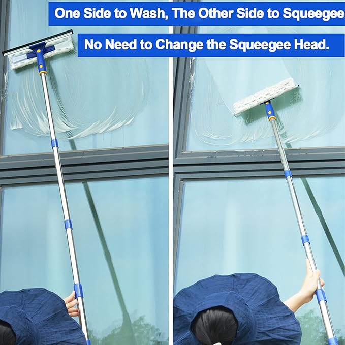 ITTAHO 53" Window Squeegee Cleaner 2 in 1 Window Cleaning Tool Kit Window Washing Kit with Extension Pole for Shower Glass, Indoor/Outdoor High Window Cleaning-Two Pads